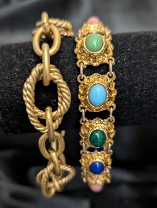 Signer & Unlisted Jewelry - Vintage Multi Cabuchon Stone Gold  Bracelet & Vintage Aigner Bracelet